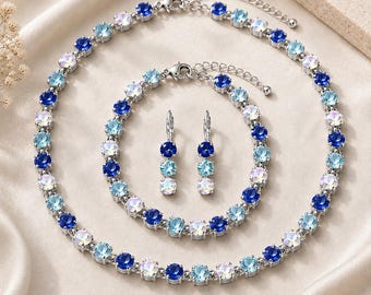 Bracciale Swarovski, Bracciale di cristallo, Regalo di Natale, Bracciale tennis, Swarovski Color Aurora Borealis, Zaffiro, Acquamarina, Regalo per lei