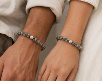 Stretch Silver Bracelet, Antique Silver Corrugated Round Beads Bracelet, Ethno Elastic Bracelet, Unisex Bead Bracelet,Couples Bracelet,BB190