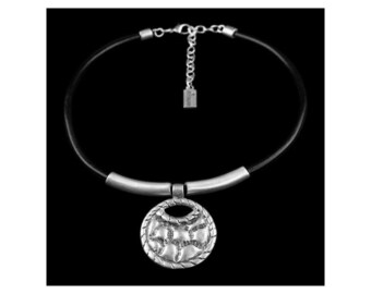 Black Leather Charm Necklace, Leather With Pendant Necklace, Elegant Leather Necklace, Round Pendant Necklace, Boho Necklace, CB199