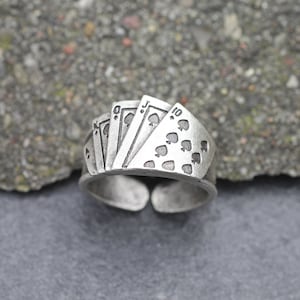 Zilveren pokerring, kaartspelring, ring kaartspel, speelkaartsieraden, sterlingzilveren vergulde ring, verstelbare zilveren herenring, RB449