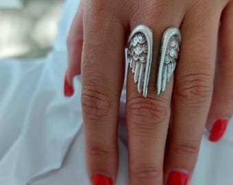 Adjustable Silver Plated Brass Ring with Wings- Angel Wings Ring- Boho Unisex Wings Ring- Spritual Protection Ring -RB64