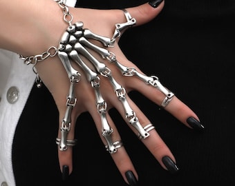 Silver Skeleton Hand Bracelet, Gothic Skeleton Jewelry, Satanic Hand Cuff, Skeleton Jewelry, Skull Bracelet, All Bone Hand Ring Bracelet,