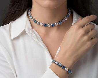 Bracciale Swarovski, Bracciale di cristallo, Bracciale di alta qualità, Bracciale tennis, Cristallo Swarovski color Aurora Boreale, Acquamarina, FAB42