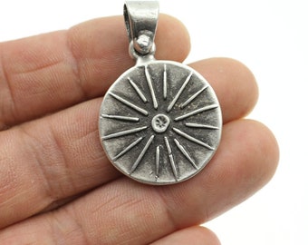 Silver Sun Pendant, Sunshine Charms, Sunny Accessories, Ancient Round Sun Pendant, Summer Pendant, DIY Jewelry Making, PB157as