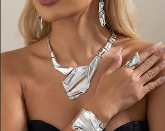 Antique Silver Brutalist Asymmetrical Jewelry Set, Chunky Bib Necklace, Christmas Gift, Adjustable Ring, Dangle Earrings, Modernist Jewelry