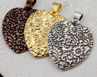 Copper Floral Heart Pendant, Heart necklace, DIY heart jewelry, Romantic gift for her, Unique heart accessory, Modern pendant supply, PB95ac