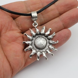 Silver Ancient Sun Pendant, Modern Sun Pendant Design, Sunny Necklace Supply, Boho Necklace DIY, Black Leather Star Pendant, Gift For Her