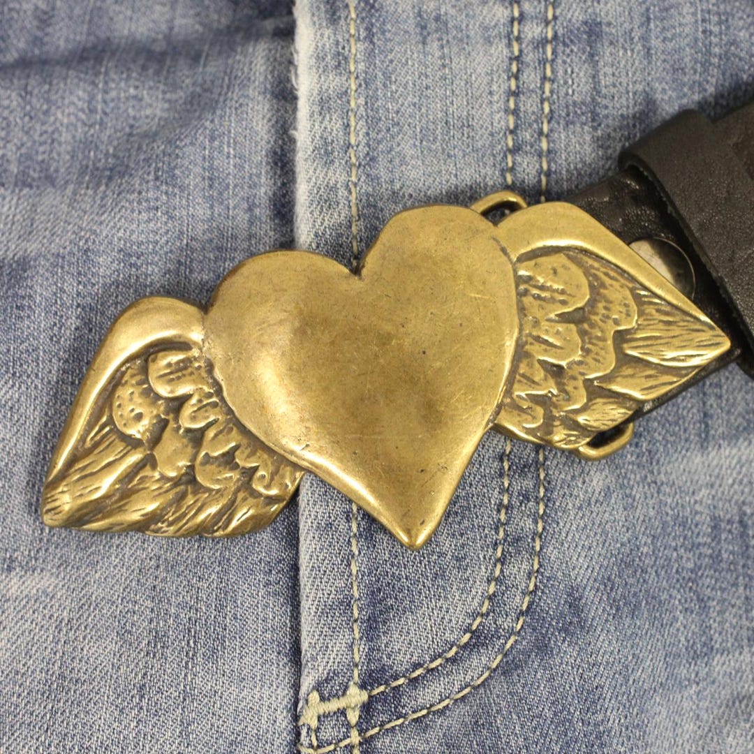 ABS Allen Schwartz Silver and Gold Winged Heart Belt Buckle Western Sterling Silver & Gold Triple Hearts Ladies Cowgirl  main image 4