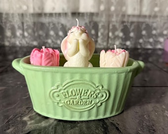 Handmade Soy Wax Candle Set – Bunny & Tulip Design in Stone Powder Pot