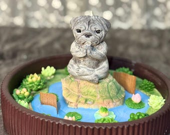 Meditating Pug Candle, Turtle Lotus Pond Garden Decor, Succulent Design, Nature Art
