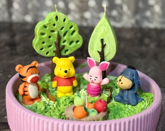 Winnie the Pooh Picnic Cake Topper Candle, Handmade Fondant Figurines for Birthday Party Decor