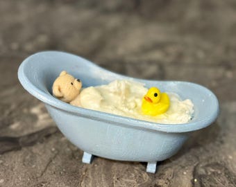 Miniature Bathtub Scene, Bear, Rubber Duck, Whimsical Decor, Collectible Accent
