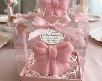 Handmade Wed& Baby Shower Gift Soy Wax Bow Candle – Pink Double Wick Design