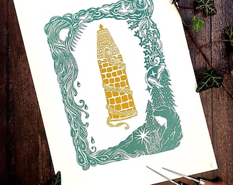Rapunzel, grabado en linóleo - impresión artística hecha a mano - ilustración de cuento de hadas