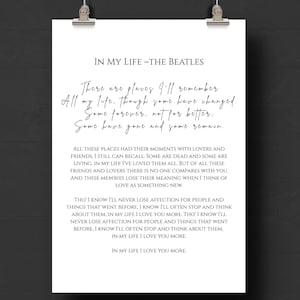 The Beatles In My Life Song Lyrics Print, Minimalist Wall Art, Digital Download, Classic Music Quote Poster, Black & White Decor