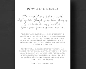 The Beatles 'In My Life' Lyrics Print: Minimalist Black & White Wall Art (PDF Download)