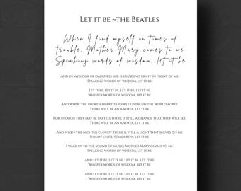 The Beatles Let It Be Lyrics Print: Minimalist Black & White Wall Art (Digital Download)