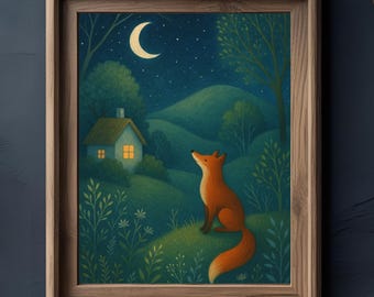 Whimsical Fox Under Crescent Moon Print: Fairy Tale Woodland Decor (Digital Download