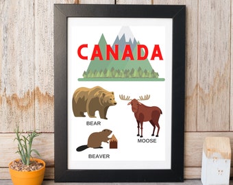 Canadian animals art print | for kids room, playroom or nursery | Lodge & Rustic Decor | CANADA