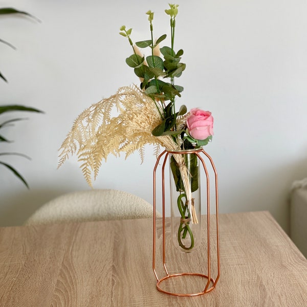 Elégant vase soliflore 24cm en verre avec structure en métal rose gold pour décoration de table - Vase pour bouquet de fleurs séchées