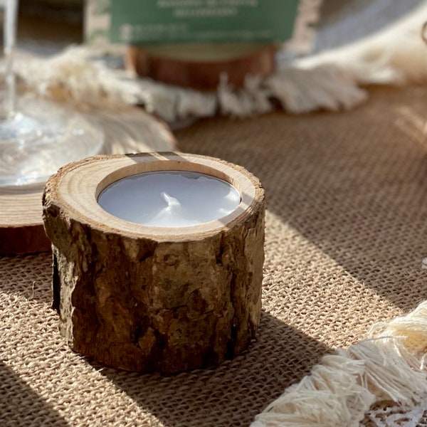 Bougeoir en bois naturel pour décoration de table de mariage champêtre - Porte-bougie chauffe-plat fabrication artisanale