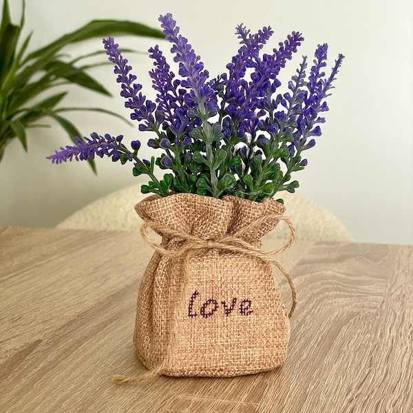 Pot de lavande artificielle en toile de jute naturelle pour décoration de la maison, idée cadeau ou décoration bureau