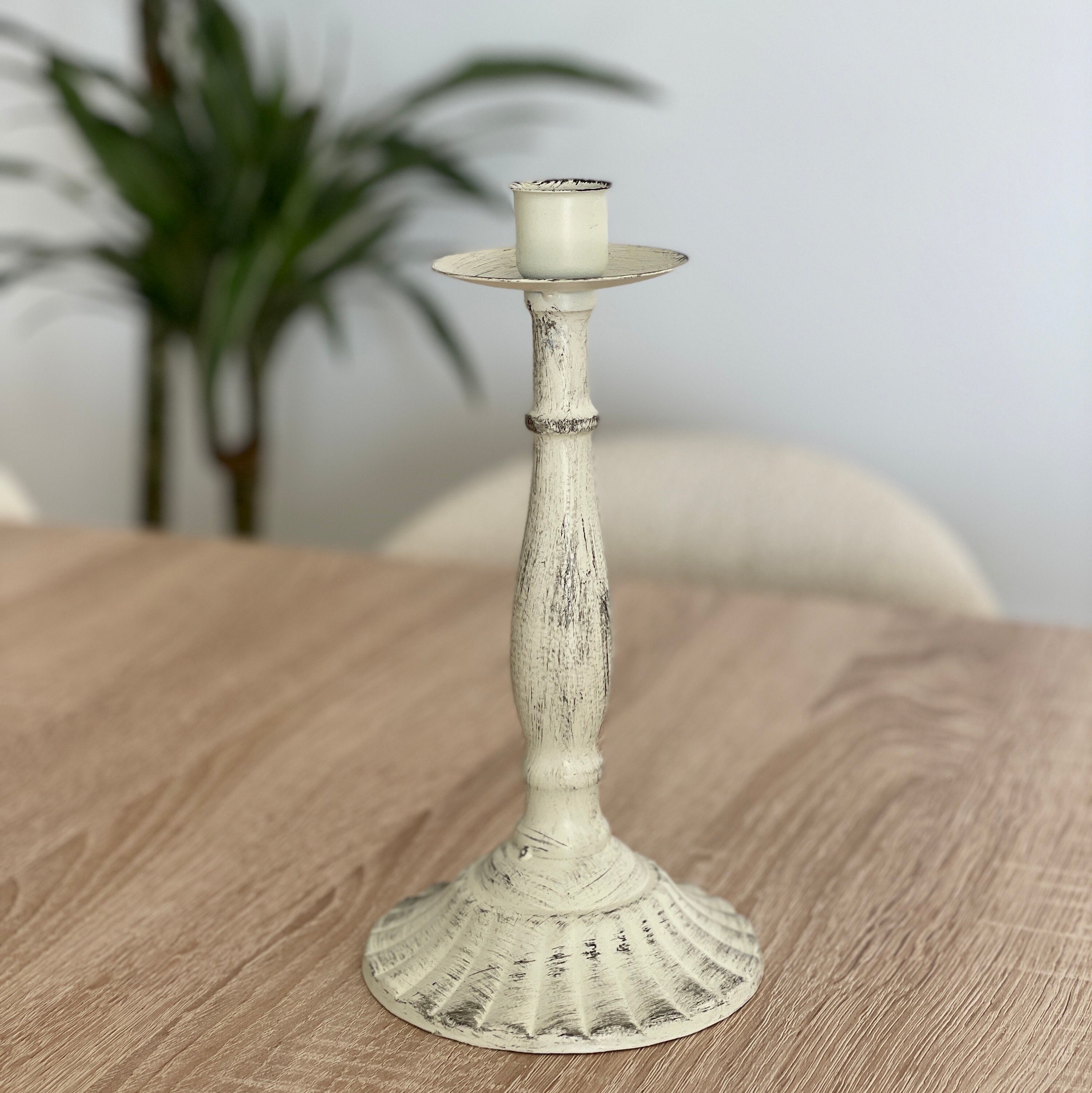 Bougeoir Vieilli Blanc en Métal