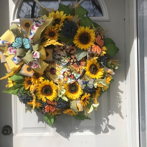 Butterflies and Sunflowers door wreath. Spring/Summer/Everyday/Fall wreath. Filled with yellow and blue flowers. Gift , house decor.