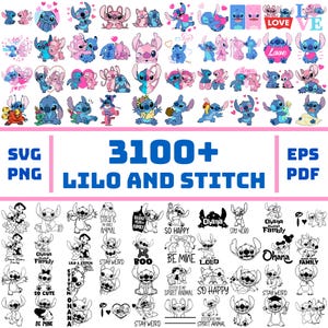 May include: A selection of Lilo and Stitch graphics in diverse poses and styles. The image features the text "3100+ Lilo and Stitch" alongside file type indicators such as SVG, PNG, EPS, and PDF. The graphics are presented in both colour and monochrome.
