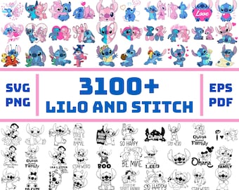 May include: A collection of Lilo and Stitch themed graphics in various poses and styles. The image includes the text "3100+ Lilo and Stitch" with file type indicators like SVG, PNG, EPS, and PDF. The graphics are in color and black and white.