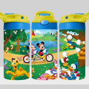 May include: Three blue and yellow water bottles with a Mickey Mouse and friends theme. The bottles feature a colorful illustration of Mickey Mouse, Minnie Mouse, Pluto, Donald Duck, and Daisy Duck enjoying a day at the park.