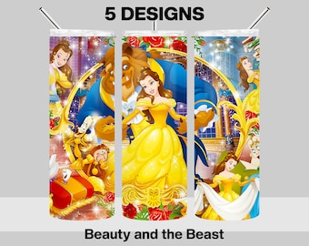 5 Beauty and the Beast Tumbler Design Bundle - Princess Belle Tumbler Wrap - 20oz Skinny Tumbler Sublimation Design - PNG Digital Download