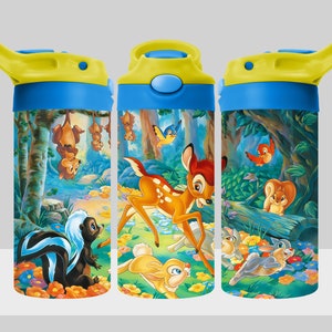 May include: A blue and yellow water bottle with a straw lid. The bottle features a colorful cartoon image of Bambi and other woodland creatures from the Disney movie Bambi.