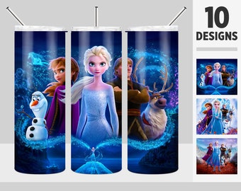 10 Frozen Tumbler Design Bundle, Olaf Anna Elsa Frozen Princess Tumbler Wrap, 20oz Skinny Tumbler Sublimation Design, PNG Digital Download
