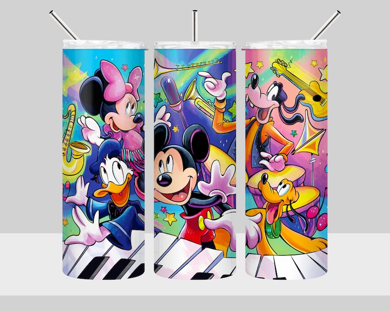 May include: A set of three stainless steel tumblers with a colorful illustration of Mickey Mouse, Minnie Mouse, Donald Duck, Goofy, and Pluto playing musical instruments. The background features a rainbow, stars, and a piano keyboard.