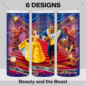 May include: A set of six stainless steel tumblers featuring a colourful illustration of Belle and the Beast from the Disney movie Beauty and the Beast. The tumblers have a purple, blue, and red background with a red carpet and a gold staircase. The tumblers also feature a film strip design with scenes from the movie.