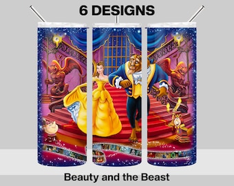 6 Paquete de diseño de vaso de La Bella y la Bestia - Princess Belle Tumbler Wrap - Diseño de sublimación de vaso flaco de 20 oz - Descarga digital PNG