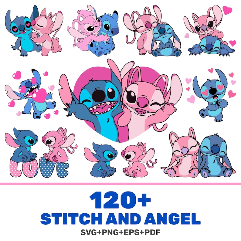 Puede incluir: Una colecci&oacute;n de gr&aacute;ficos de dibujos animados con los personajes Stitch y Angel en varias poses. Las im&aacute;genes son en tonos de azul y rosa, con corazones y la palabra "LOVE" incorporados. El texto en la parte inferior dice "120+ STITCH AND ANGEL".