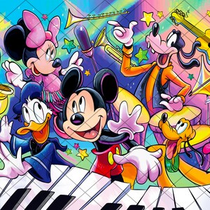 May include: A colorful illustration of Mickey Mouse, Minnie Mouse, Donald Duck, Goofy, and Pluto playing musical instruments. Mickey Mouse is playing a keyboard, Minnie Mouse is playing a saxophone, Donald Duck is playing a trumpet, Goofy is playing a drum, and Pluto is playing a tambourine.