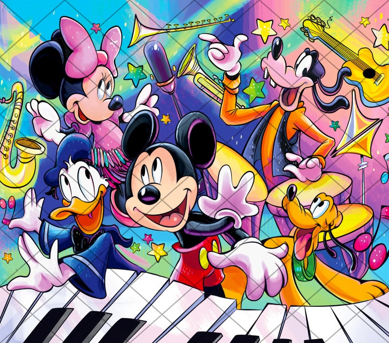 May include: A colorful illustration of Mickey Mouse, Minnie Mouse, Donald Duck, Goofy, and Pluto playing musical instruments. Mickey Mouse is playing a keyboard, Minnie Mouse is playing a saxophone, Donald Duck is playing a trumpet, Goofy is playing a drum, and Pluto is playing a tambourine.