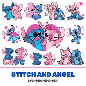 May include: A collection of digital illustrations featuring the blue character Stitch and the pink character Angel in various poses, including hugging, sitting, and surrounded by hearts. The text STITCH AND ANGEL SVG+PNG+EPS+PDF is below.