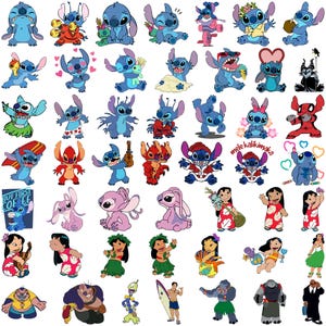 May include: A collection of colorful cartoon character stickers featuring Stitch from Lilo & Stitch. The stickers showcase Stitch in various poses and outfits, along with other characters. The stickers are in different sizes and shapes.
