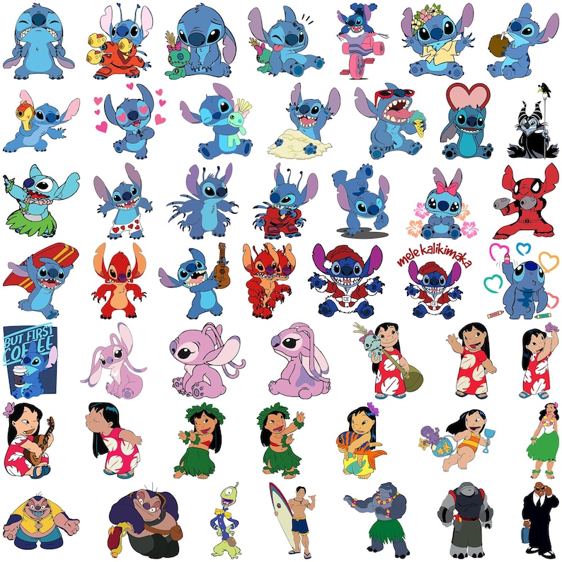 May include: A collection of colorful cartoon character stickers featuring Stitch from Lilo & Stitch. The stickers showcase Stitch in various poses and outfits, along with other characters. The stickers are in different sizes and shapes.