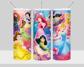 Princess Tumbler Design - Ariel Belle Cinderella Snow White Jasmine Mulan Princess Tumbler Wrap - 20oz Skinny Tumbler PNG Digital Download