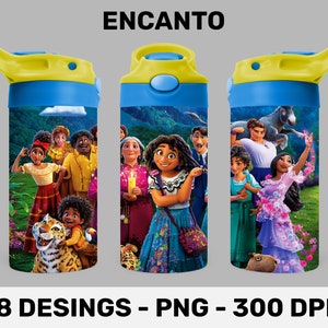 May include: Three blue water bottles with yellow lids and colorful images of characters from the Disney movie Encanto. The text "ENCANTO" is printed in white on a gray background above the bottles. The text "8 DESINGS - PNG - 300 DPI" is printed in white on a black background below the bottles.