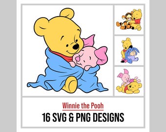 Baby Winnie de Poeh SVG-bundel, Knorretje, Iejoor, Teigetje en baby Pooh PNG-clipart en gelaagde SVG voor Cricut, digitale download
