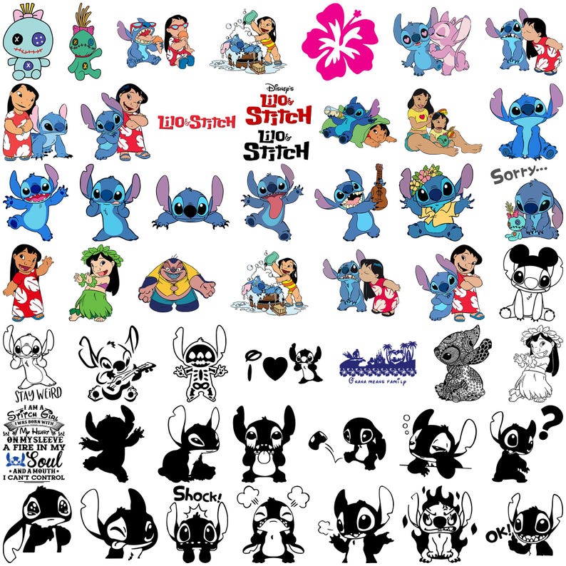 May include: A collection of colorful and black and white images featuring characters from Disney's Lilo & Stitch. The images include Stitch, Lilo, and other characters in various poses, along with the movie's logo and text.