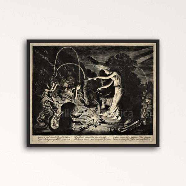 The Sorceress, Engraving, Aged Vintage 1600s Print, Sorceress Conjuring Through Flames, Amid Demons & Demonic Beings, Jan Van de Velde
