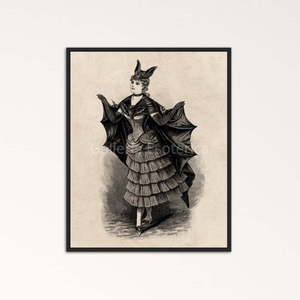 Victorian Girl in Bat Costume, Vintage Print of Lady in Victorian Bat Costume, Halloween Costume Gothic Bat Girl, Bat Digital Print Wall Art