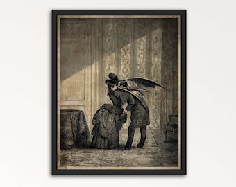 The Vampire&#39;s Kiss; Vintage Victorian Vampire Illustration Poster Print, Aged Gothic Style, Elegant Stylish Artwork, Horror Occult, Blood